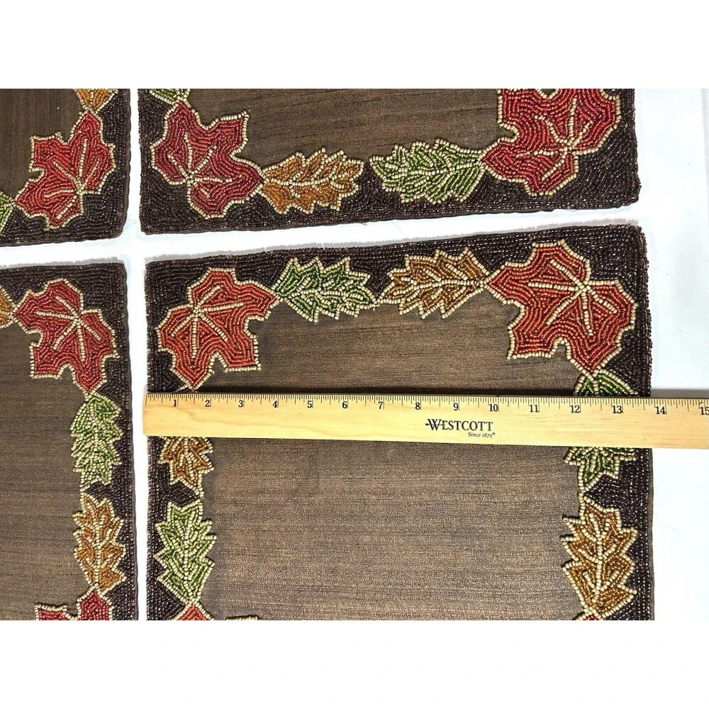 4 RLK Leila’s Linens Glass Beaded Autumn Fall Leaves Brown Table Placemat Decor